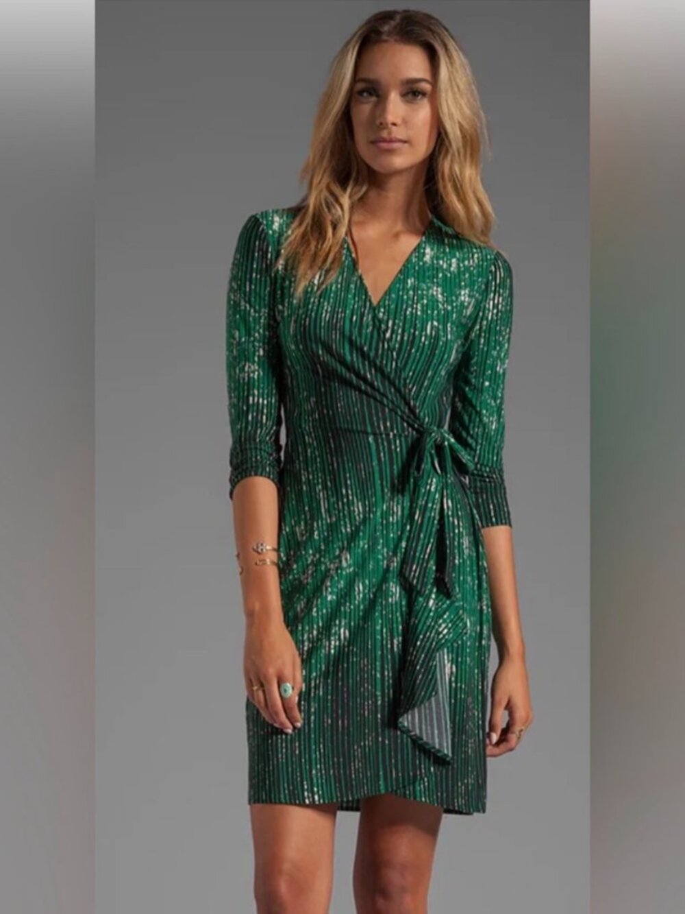 BCBGMAXAZRIA Adele Wrap Dress Green Black Striped Size PS